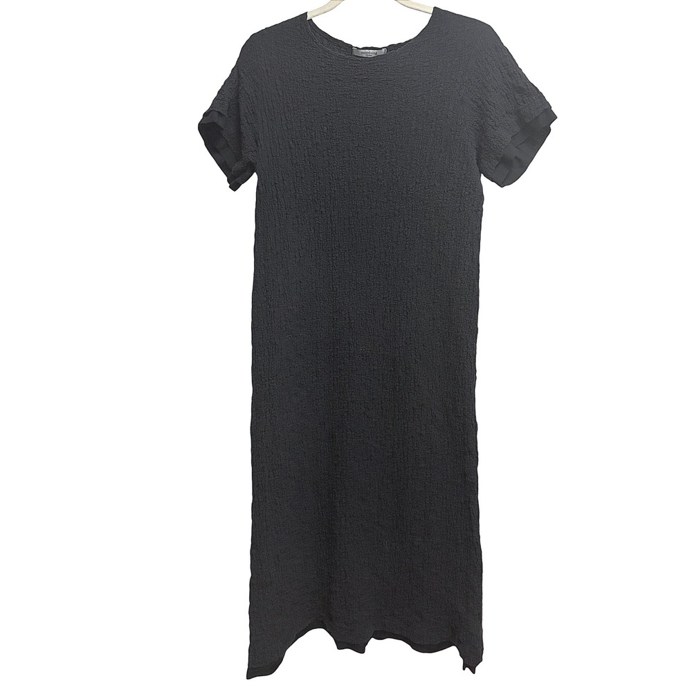 Moodning Crush Textured Crinkle Black Maxi Dress Short Sleeve Lagenlook OS